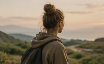 Adolescente contemplant un paysage au soleil levant