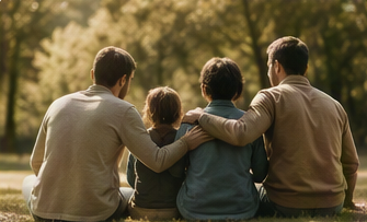 Famille réunie, de dos, dans un paysage lumineux